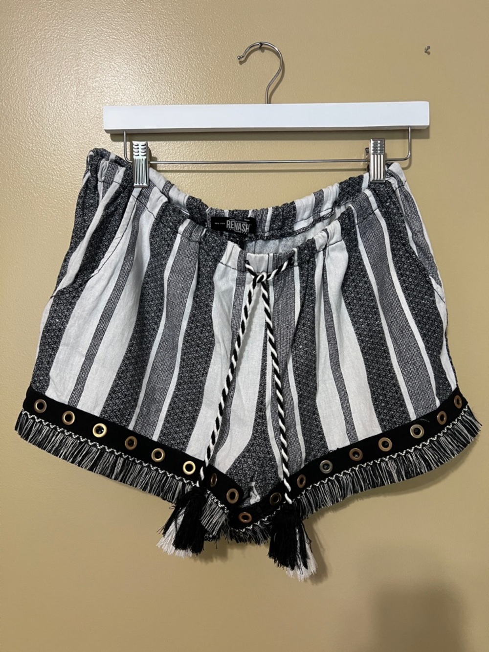 Rewash Black & White Striped Tassel-Trim Shorts
